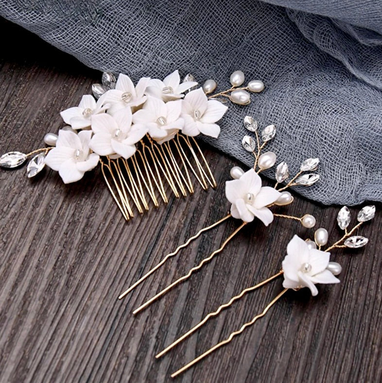 Kalyana - Gold Ceramic Flowers Bridal Hair Comb and Pins Set