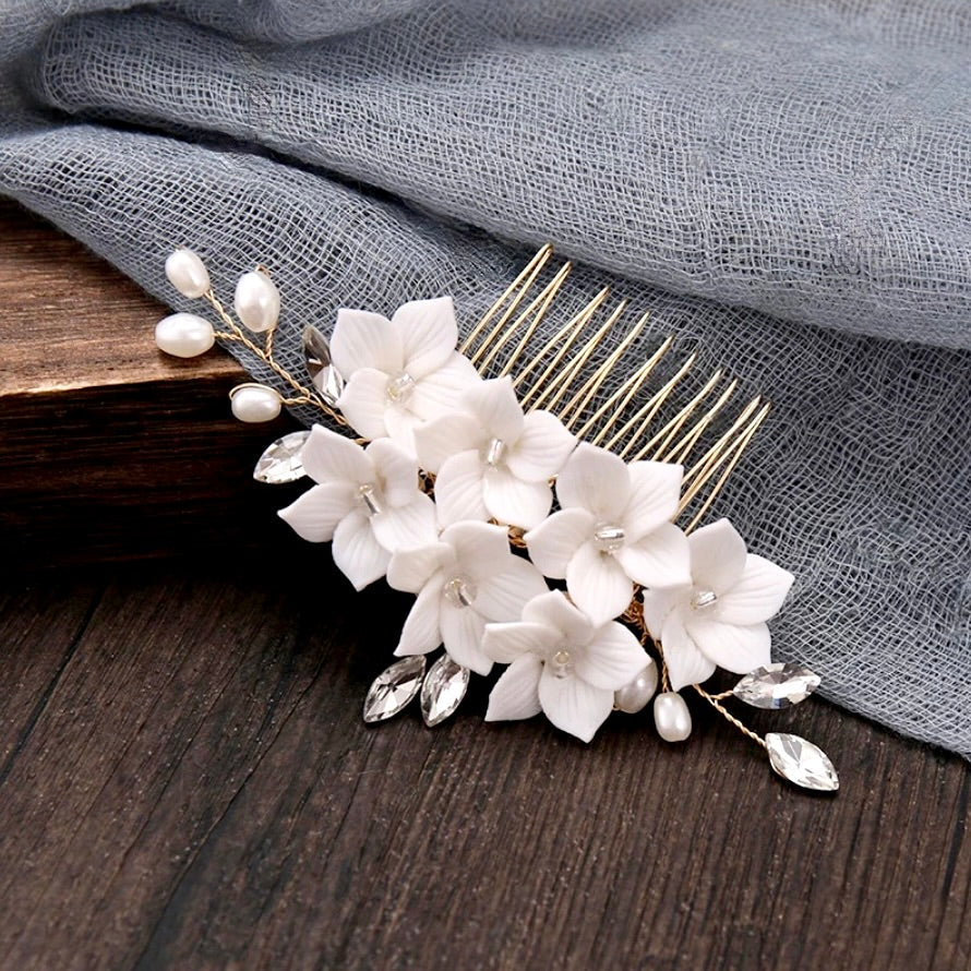Kalyana - Gold Ceramic Flowers Bridal Hair Comb and Pins Set