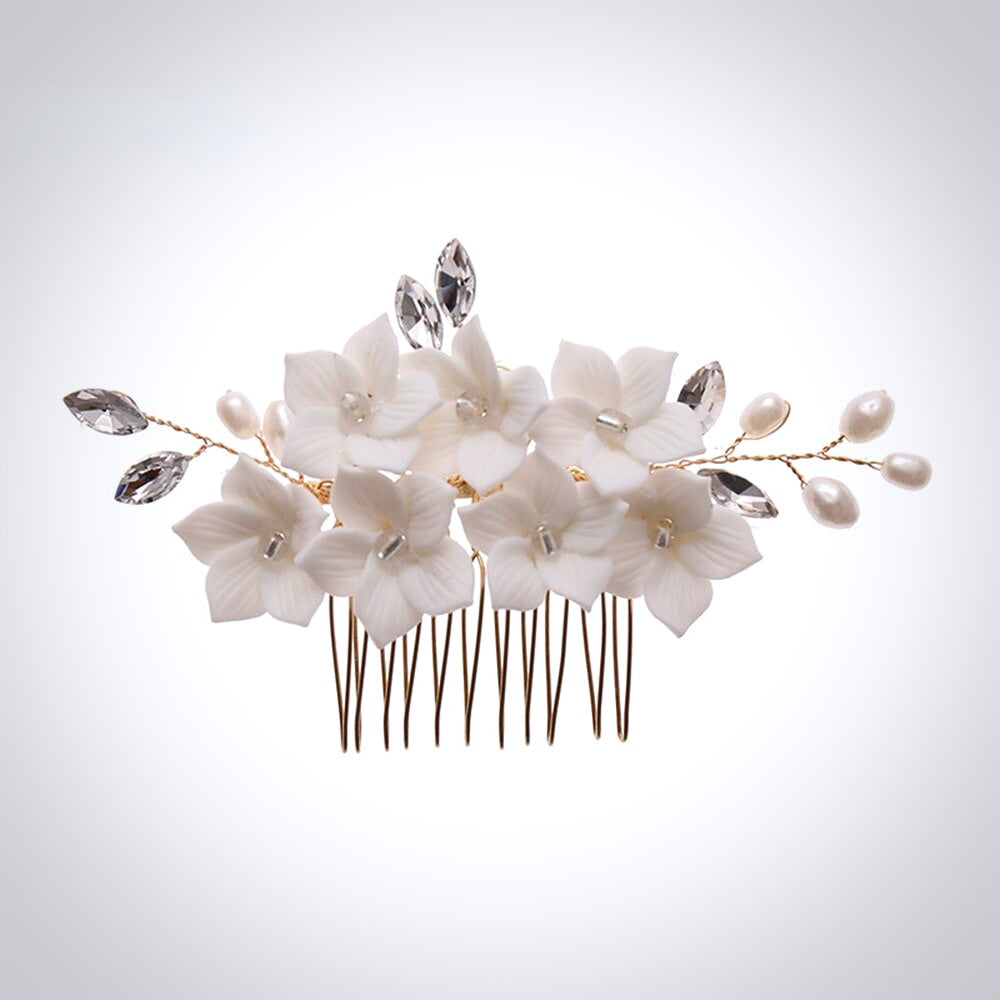 Kalyana - Gold Ceramic Flowers Bridal Hair Comb and Pins Set