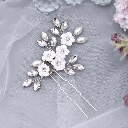 Abranna - Ceramic Flowers and Pearls Bridal Hair Pin