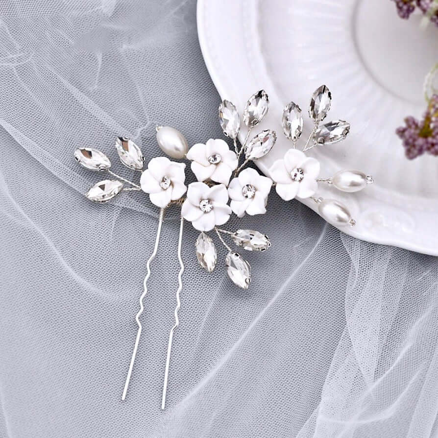 Abranna - Ceramic Flowers and Pearls Bridal Hair Pin