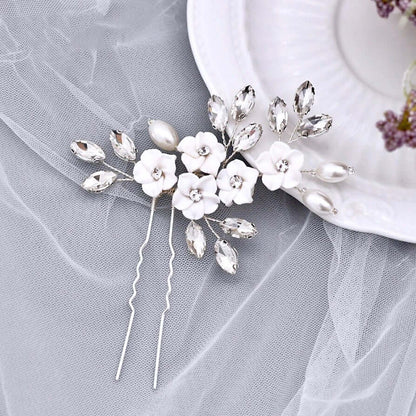 Abranna - Ceramic Flowers and Pearls Bridal Hair Pin