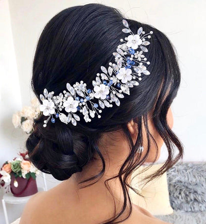 "Odette" - Blue Ceramic Flowers Bridal Headband / Hair Vine