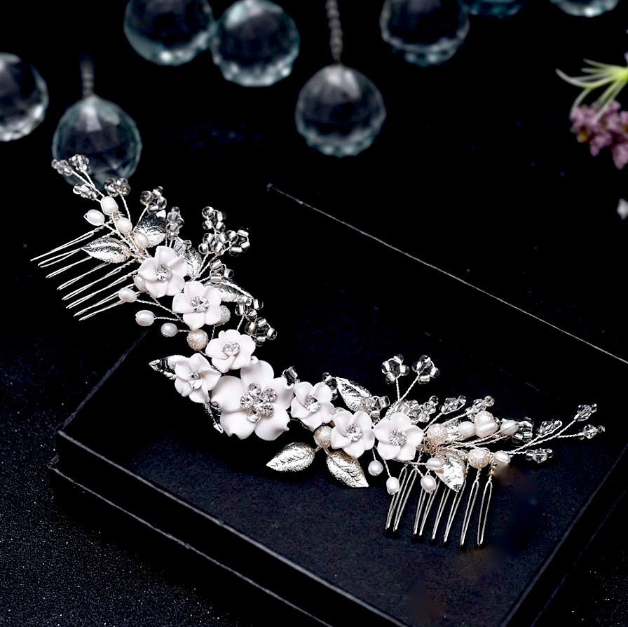 Loire - Ceramic Flowers Bridal Headband / Hair Vine - Available in Gold and Silver