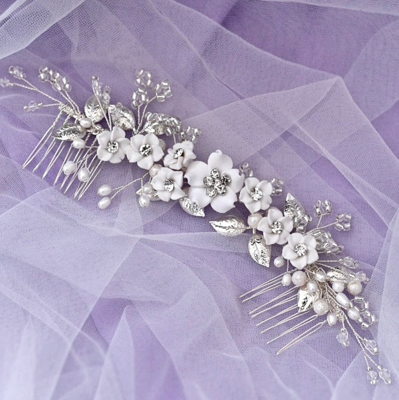 Loire - Ceramic Flowers Bridal Headband / Hair Vine - Available in Gold and Silver