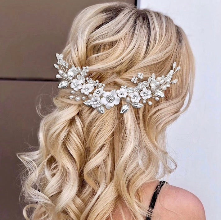 Loire - Ceramic Flowers Bridal Headband / Hair Vine - Available in Gold and Silver