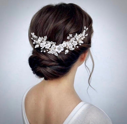 Loire - Ceramic Flowers Bridal Headband / Hair Vine - Available in Gold and Silver