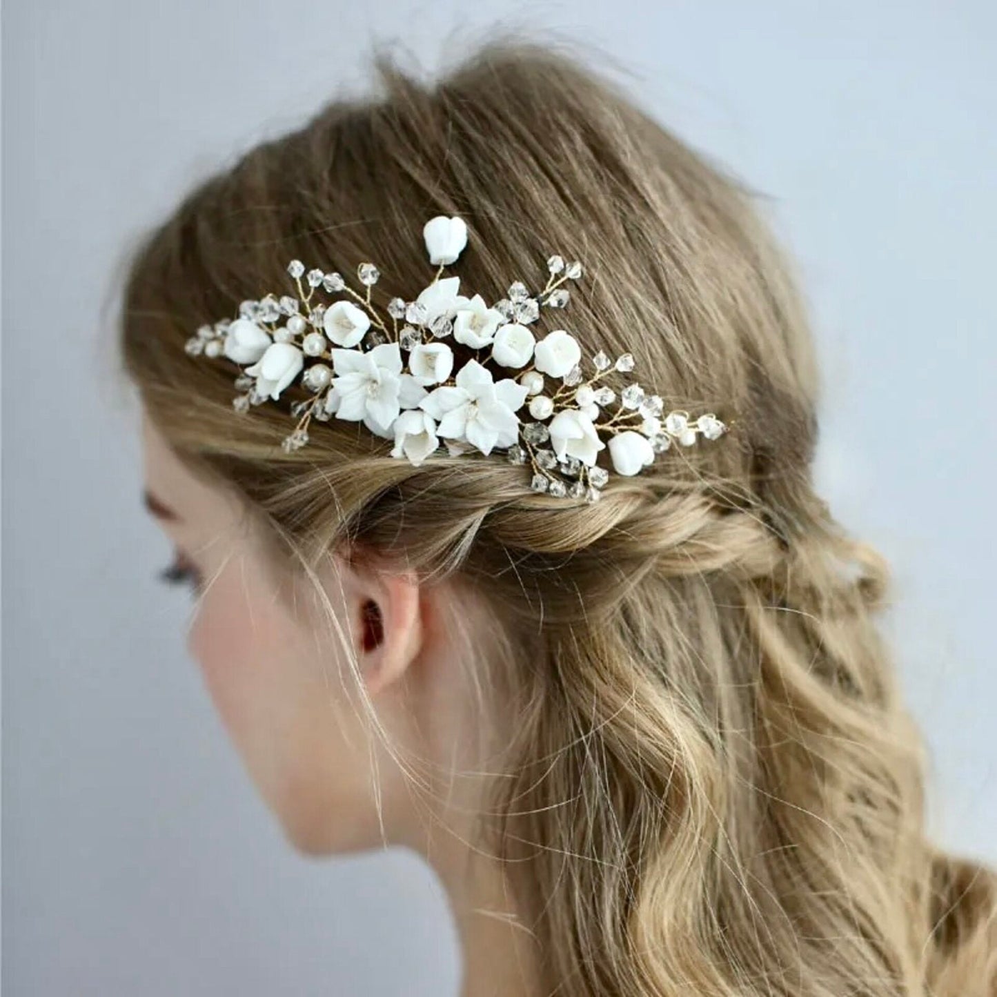 Karalyn - Pearl and Ceramic Flowers Bridal Hair Comb - Available in Silver, Rose Gold and Yellow Gold