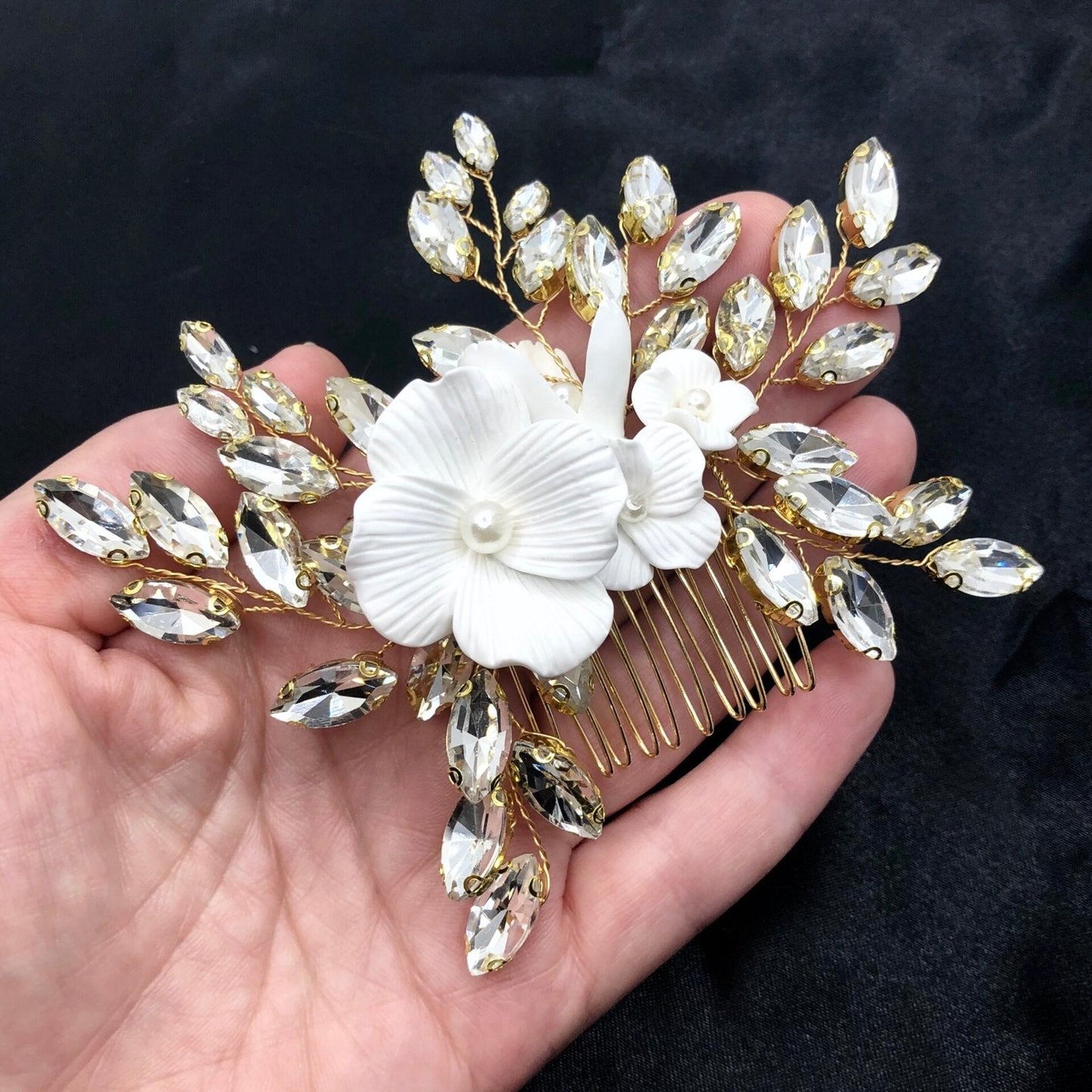 "Avianna" - Ceramic Flower Bridal Hair Comb - Available in Silver, Rose Gold and Yellow Gold