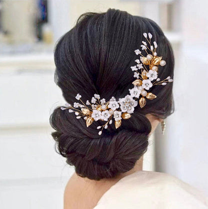 Loire - Ceramic Flowers Bridal Headband / Hair Vine - Available in Gold and Silver