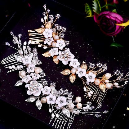 Loire - Ceramic Flowers Bridal Headband / Hair Vine - Available in Gold and Silver