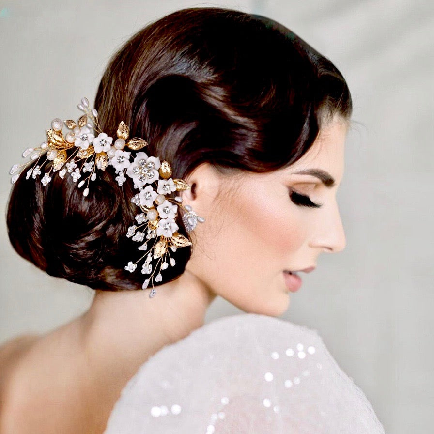 Loire - Ceramic Flowers Bridal Headband / Hair Vine - Available in Gold and Silver