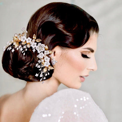 Loire - Ceramic Flowers Bridal Headband / Hair Vine - Available in Gold and Silver