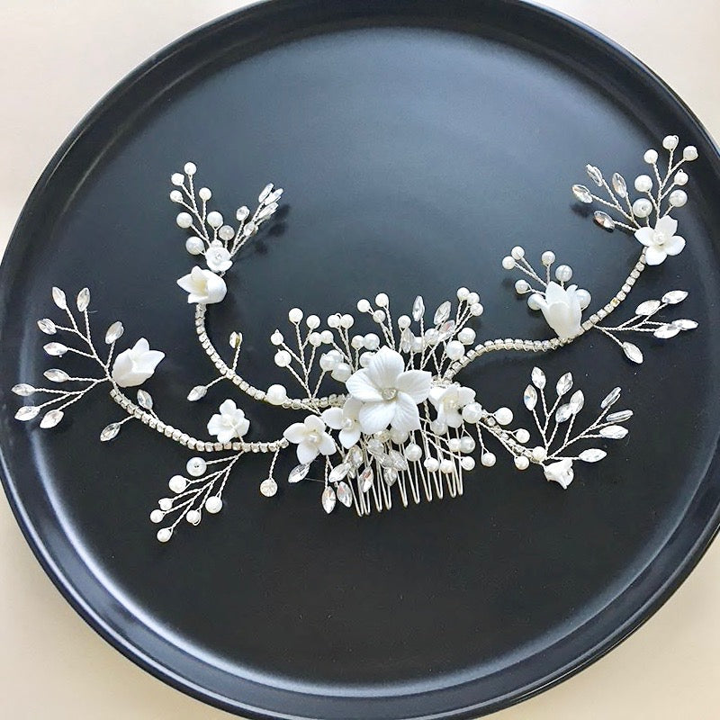 Dayna - Silver Pearl and Crystal Bridal Hair Comb/Vine