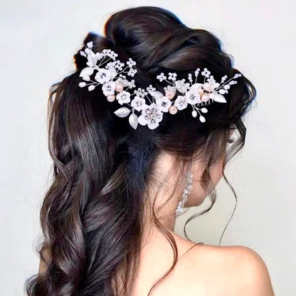 Loire - Ceramic Flowers Bridal Headband / Hair Vine - Available in Gold and Silver