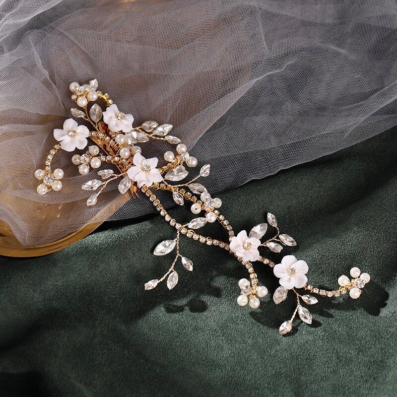 "Marigold" - Gold Ceramic Flowers Bridal Hair Clip / Vine