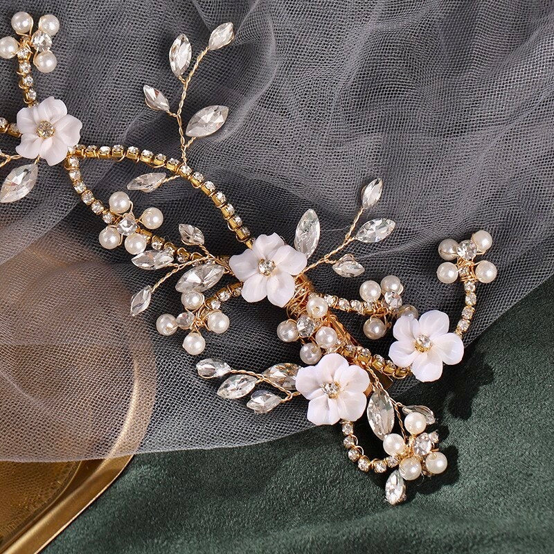 "Marigold" - Gold Ceramic Flowers Bridal Hair Clip / Vine