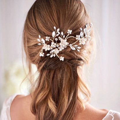 "Marigold" - Gold Ceramic Flowers Bridal Hair Clip / Vine