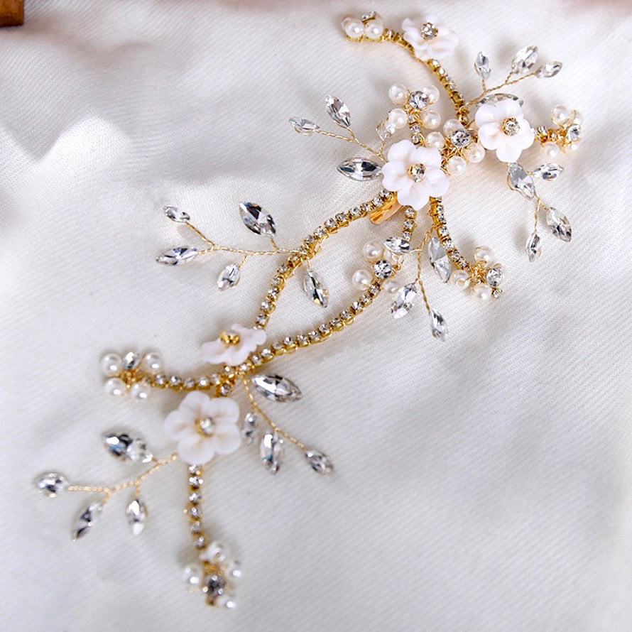 "Marigold" - Gold Ceramic Flowers Bridal Hair Clip / Vine