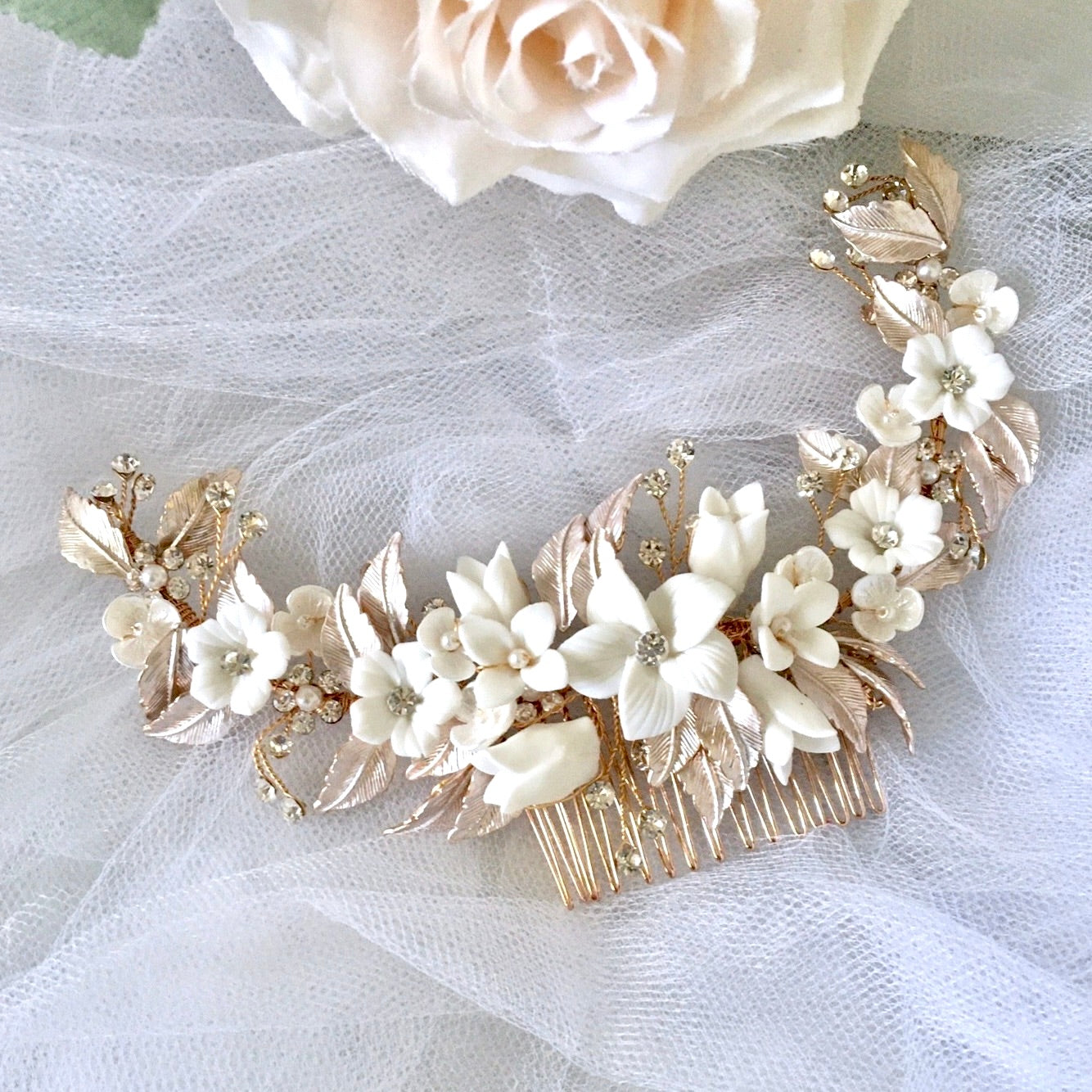 Priscilla - Ceramic Flowers Bridal Hair Comb / Vine - Available in Rose Gold, Silver and Yellow Gold