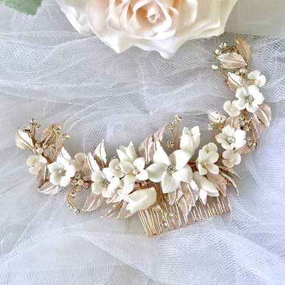Priscilla - Ceramic Flowers Bridal Hair Comb / Vine - Available in Rose Gold, Silver and Yellow Gold