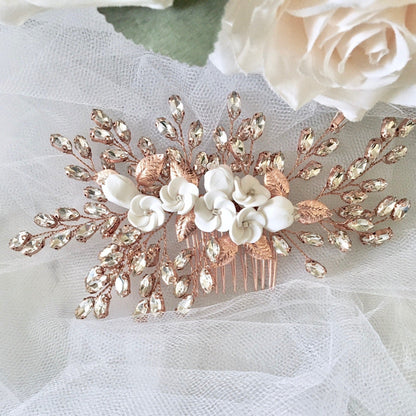 Kenlyn - Ceramic Flower Bridal Hair Comb - Available in Silver, Rose Gold and Yellow Gold