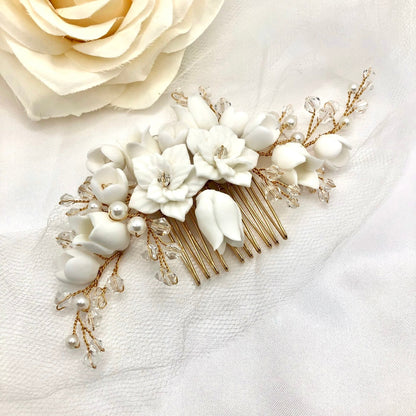 Karalyn - Pearl and Ceramic Flowers Bridal Hair Comb - Available in Silver, Rose Gold and Yellow Gold