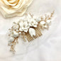 Karalyn - Pearl and Ceramic Flowers Bridal Hair Comb - Available in Silver, Rose Gold and Yellow Gold