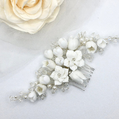 Karalyn - Pearl and Ceramic Flowers Bridal Hair Comb - Available in Silver, Rose Gold and Yellow Gold