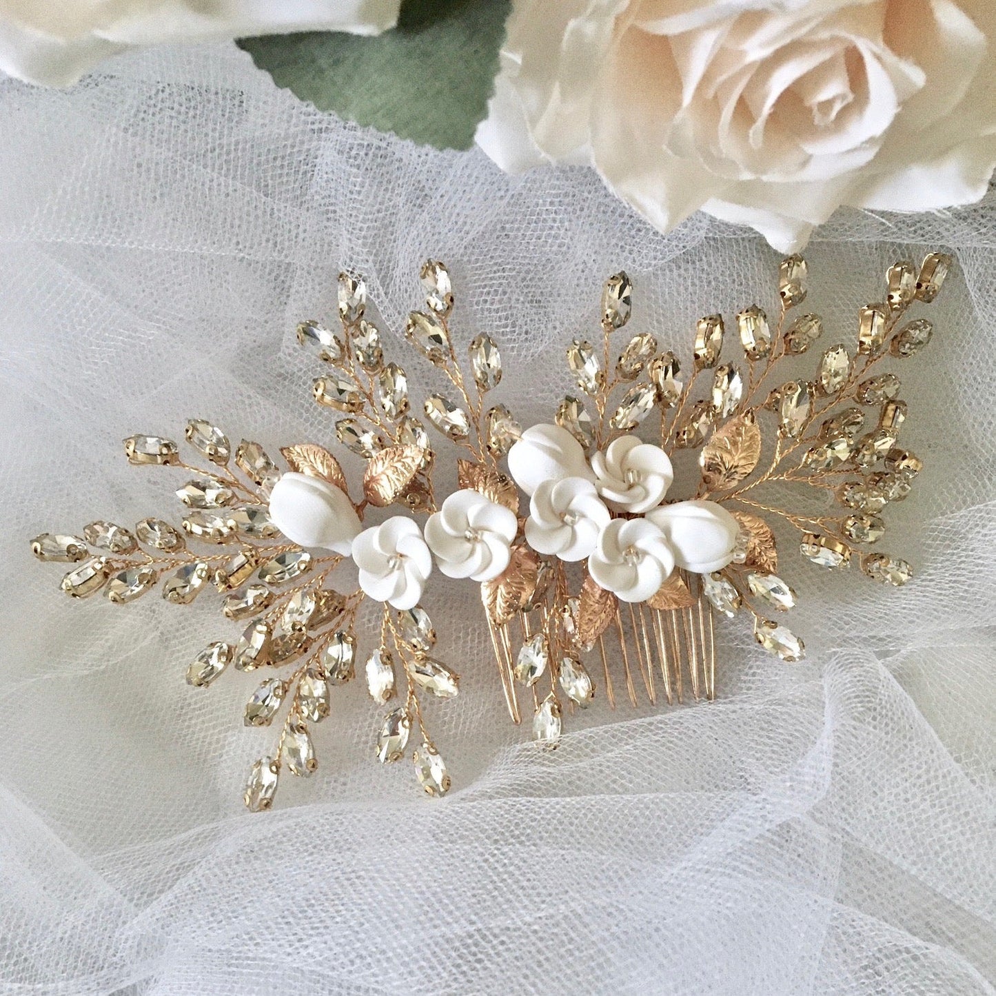 Kenlyn - Ceramic Flower Bridal Hair Comb - Available in Silver, Rose Gold and Yellow Gold