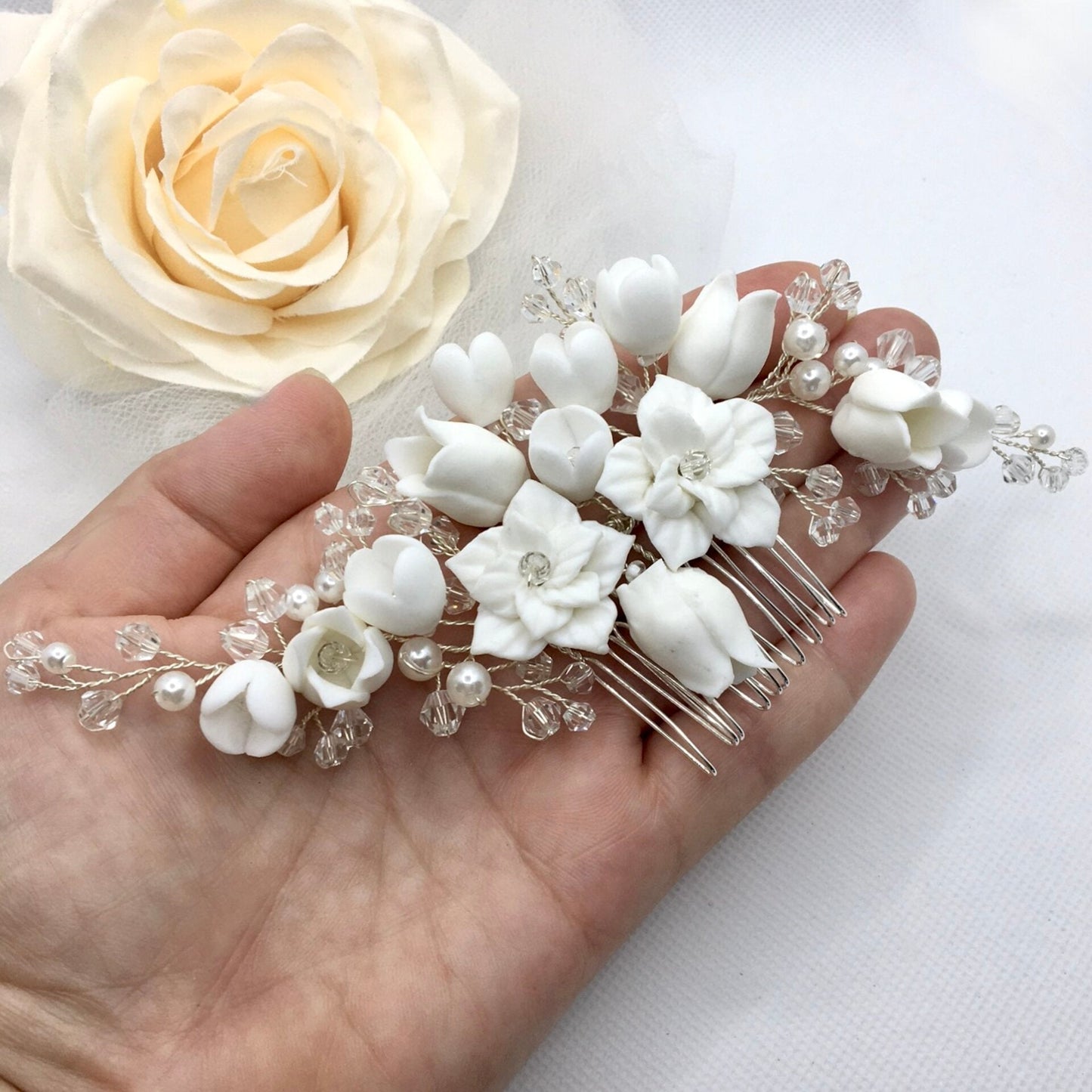 Karalyn - Pearl and Ceramic Flowers Bridal Hair Comb - Available in Silver, Rose Gold and Yellow Gold