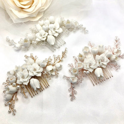 Karalyn - Pearl and Ceramic Flowers Bridal Hair Comb - Available in Silver, Rose Gold and Yellow Gold