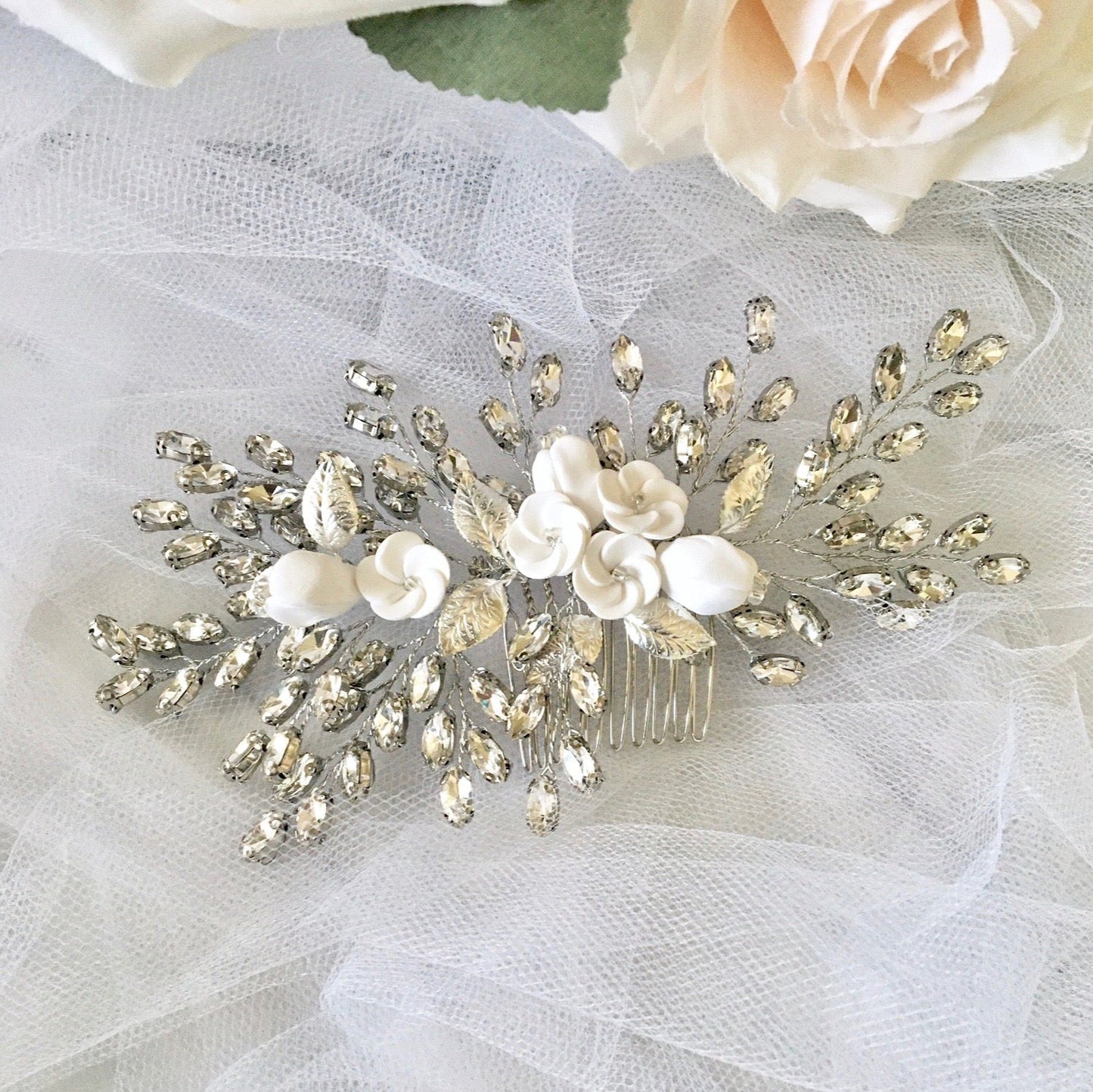 Kenlyn - Ceramic Flower Bridal Hair Comb - Available in Silver, Rose Gold and Yellow Gold
