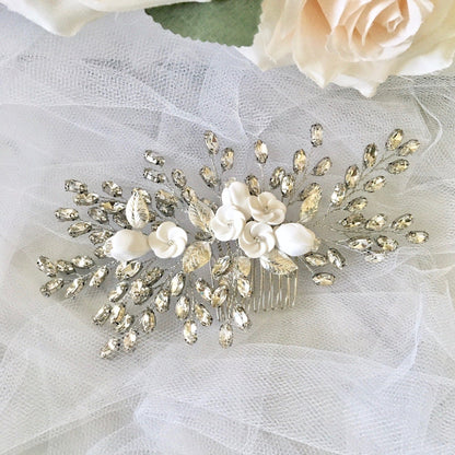 Kenlyn - Ceramic Flower Bridal Hair Comb - Available in Silver, Rose Gold and Yellow Gold