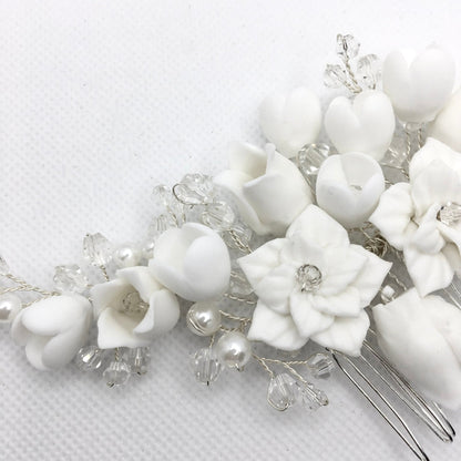 Karalyn - Pearl and Ceramic Flowers Bridal Hair Comb - Available in Silver, Rose Gold and Yellow Gold