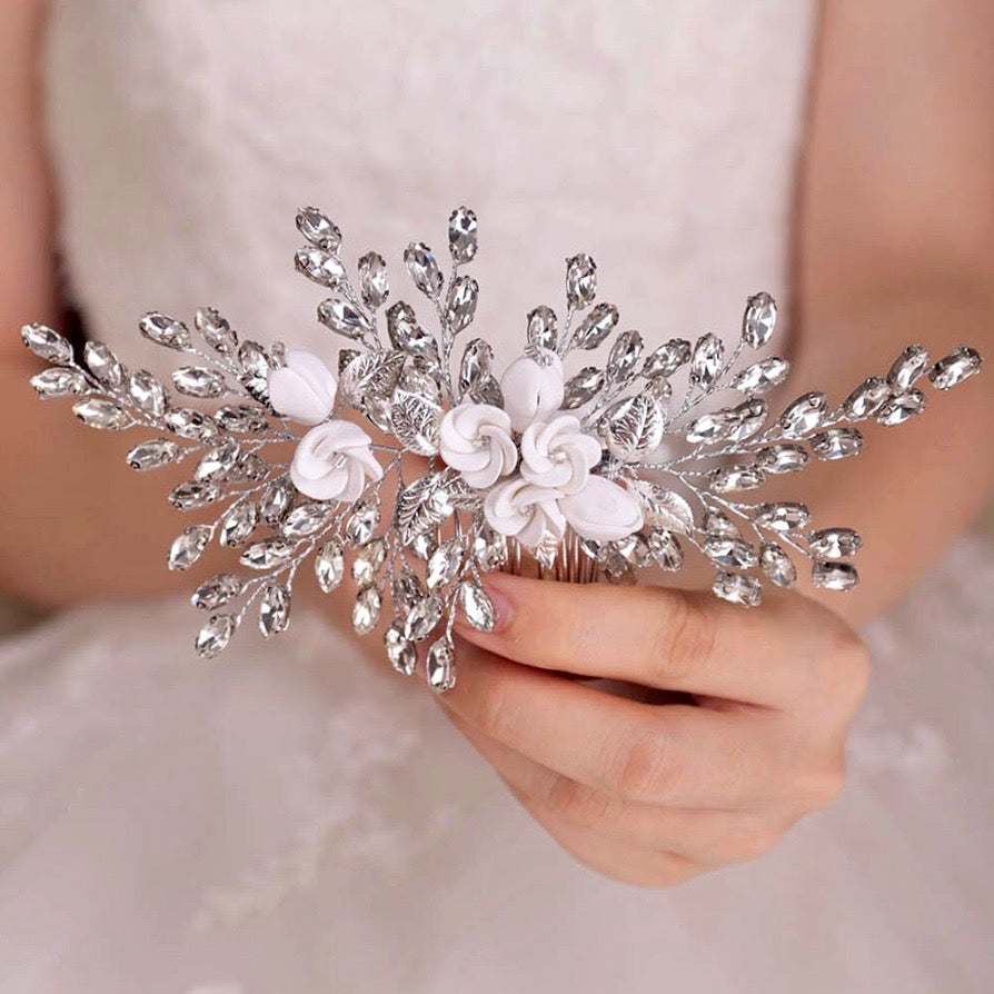Kenlyn - Ceramic Flower Bridal Hair Comb - Available in Silver, Rose Gold and Yellow Gold