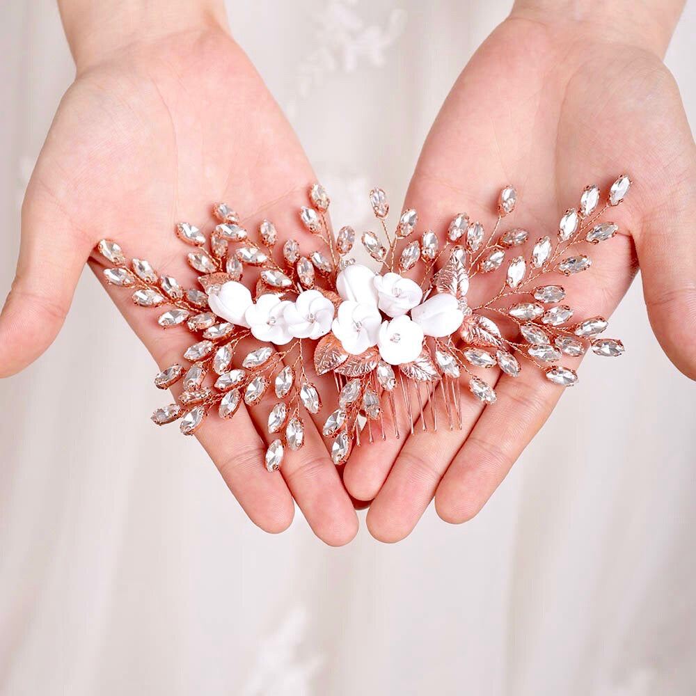 Kenlyn - Ceramic Flower Bridal Hair Comb - Available in Silver, Rose Gold and Yellow Gold