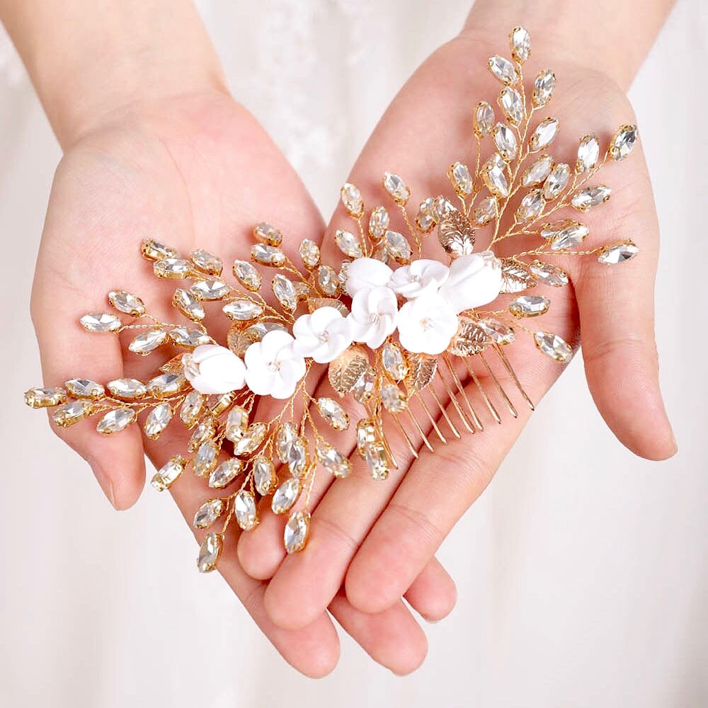 Kenlyn - Ceramic Flower Bridal Hair Comb - Available in Silver, Rose Gold and Yellow Gold