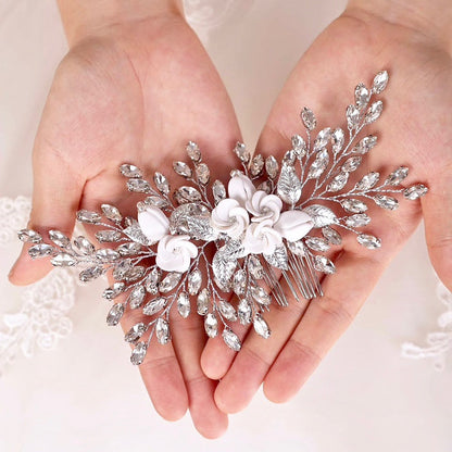 Kenlyn - Ceramic Flower Bridal Hair Comb - Available in Silver, Rose Gold and Yellow Gold