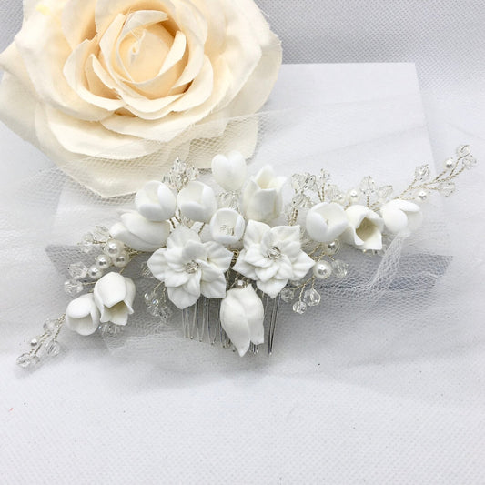 Karalyn - Pearl and Ceramic Flowers Bridal Hair Comb - Available in Silver, Rose Gold and Yellow Gold