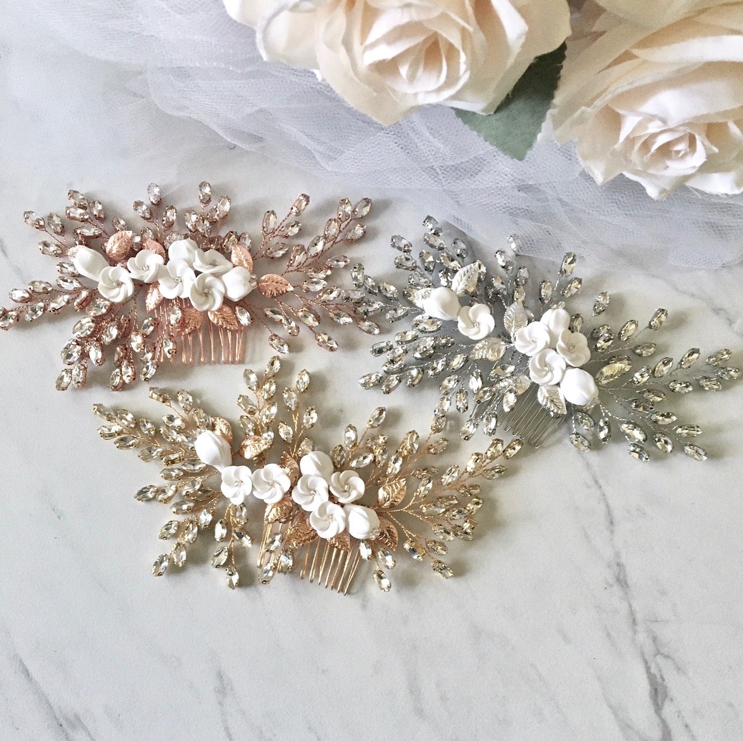 Kenlyn - Ceramic Flower Bridal Hair Comb - Available in Silver, Rose Gold and Yellow Gold