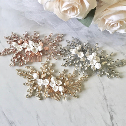 Kenlyn - Ceramic Flower Bridal Hair Comb - Available in Silver, Rose Gold and Yellow Gold