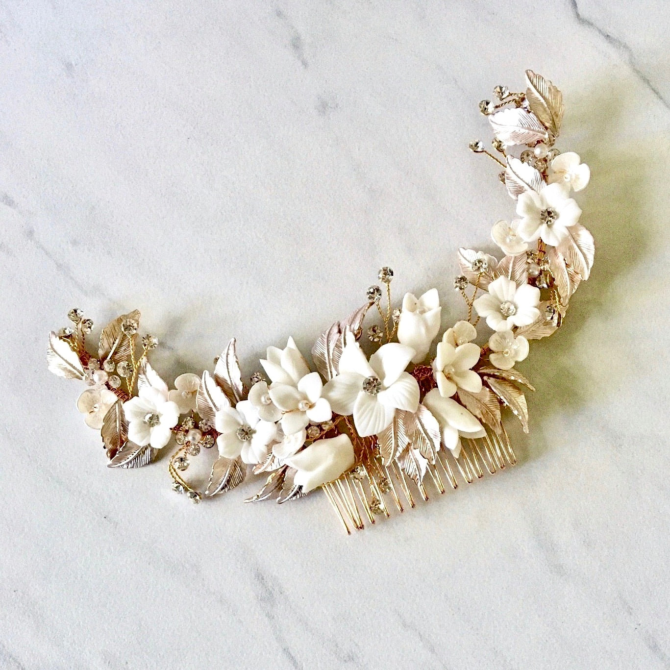 Priscilla - Ceramic Flowers Bridal Hair Comb / Vine - Available in Rose Gold, Silver and Yellow Gold