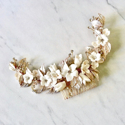 Priscilla - Ceramic Flowers Bridal Hair Comb / Vine - Available in Rose Gold, Silver and Yellow Gold
