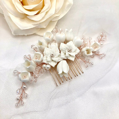 Karalyn - Pearl and Ceramic Flowers Bridal Hair Comb - Available in Silver, Rose Gold and Yellow Gold