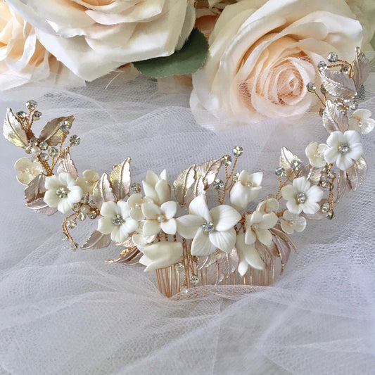 Priscilla - Ceramic Flowers Bridal Hair Comb / Vine - Available in Rose Gold, Silver and Yellow Gold