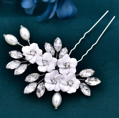 Abranna - Ceramic Flowers and Pearls Bridal Hair Pin