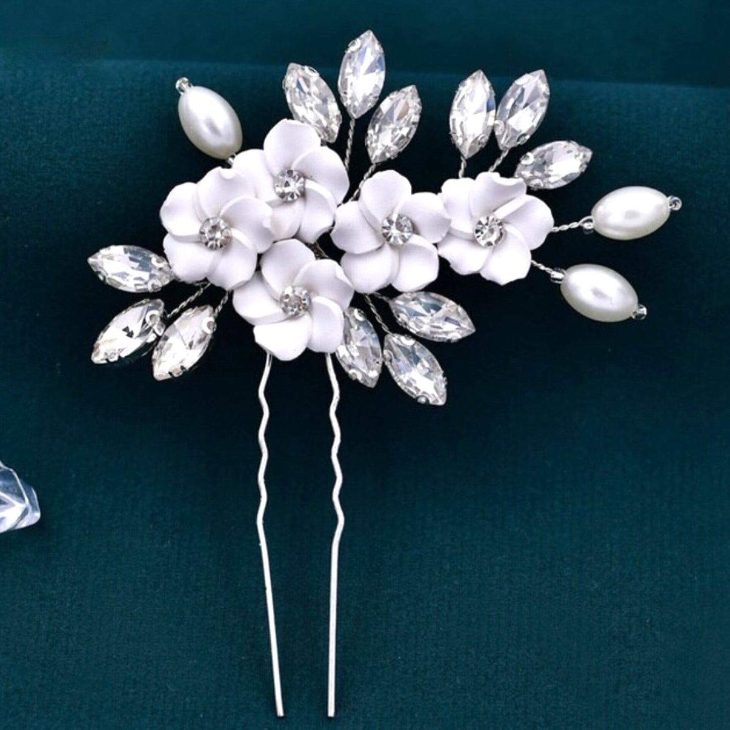 Abranna - Ceramic Flowers and Pearls Bridal Hair Pin