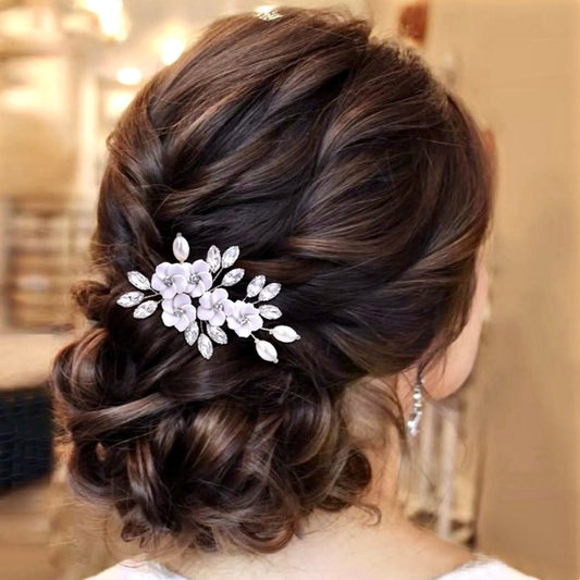 Abranna - Ceramic Flowers and Pearls Bridal Hair Pin