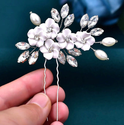 Abranna - Ceramic Flowers and Pearls Bridal Hair Pin